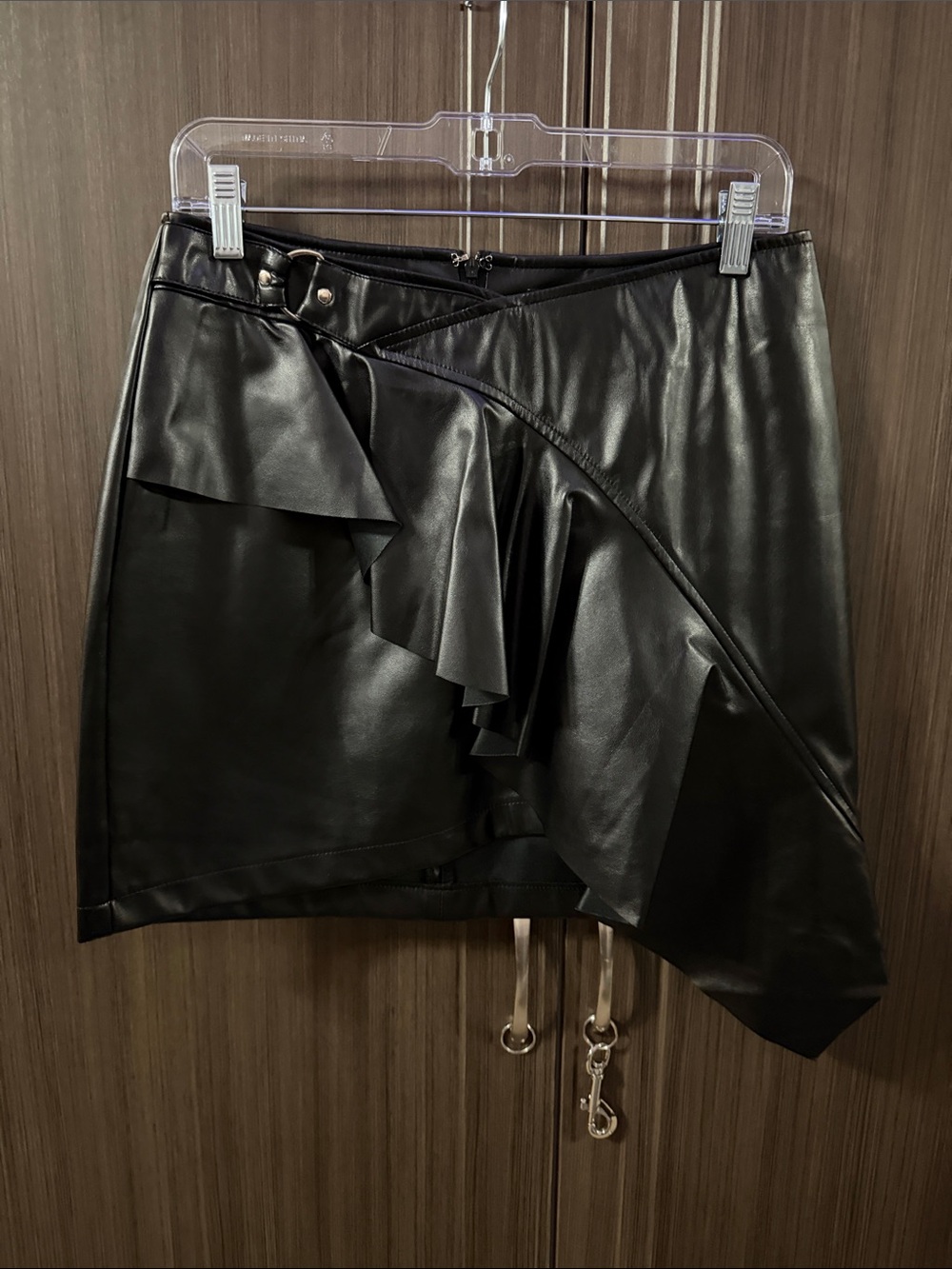 Fashion Nova Black Faux Leather Asymmetrical Ruffle Skirt